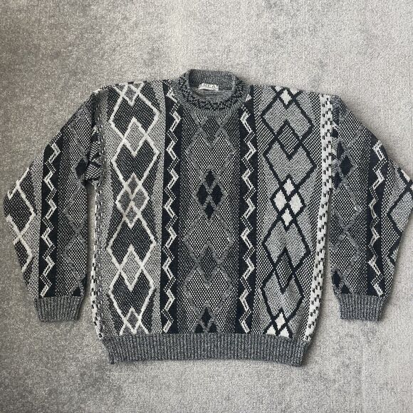 Vintage Sweater Mens Large Black White Cosby 80s Argyle Knit Striped Area by Tag - Picture 1 of 8